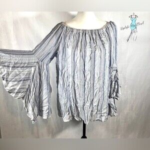 Long flare sleeve on or off shoulder striped chambray oversized top size medium
